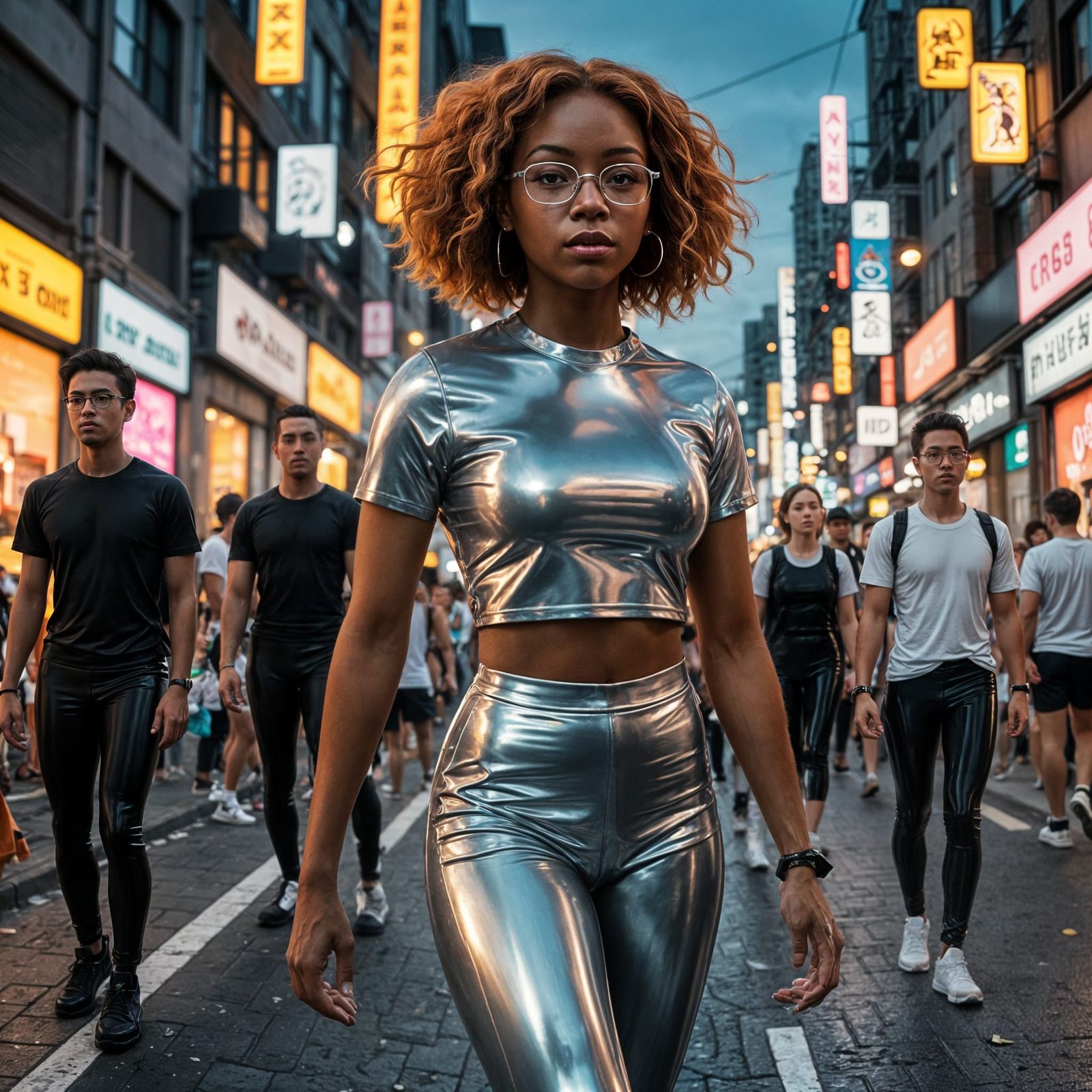 Anime-Inspired Woman in Silver Latex Downtown