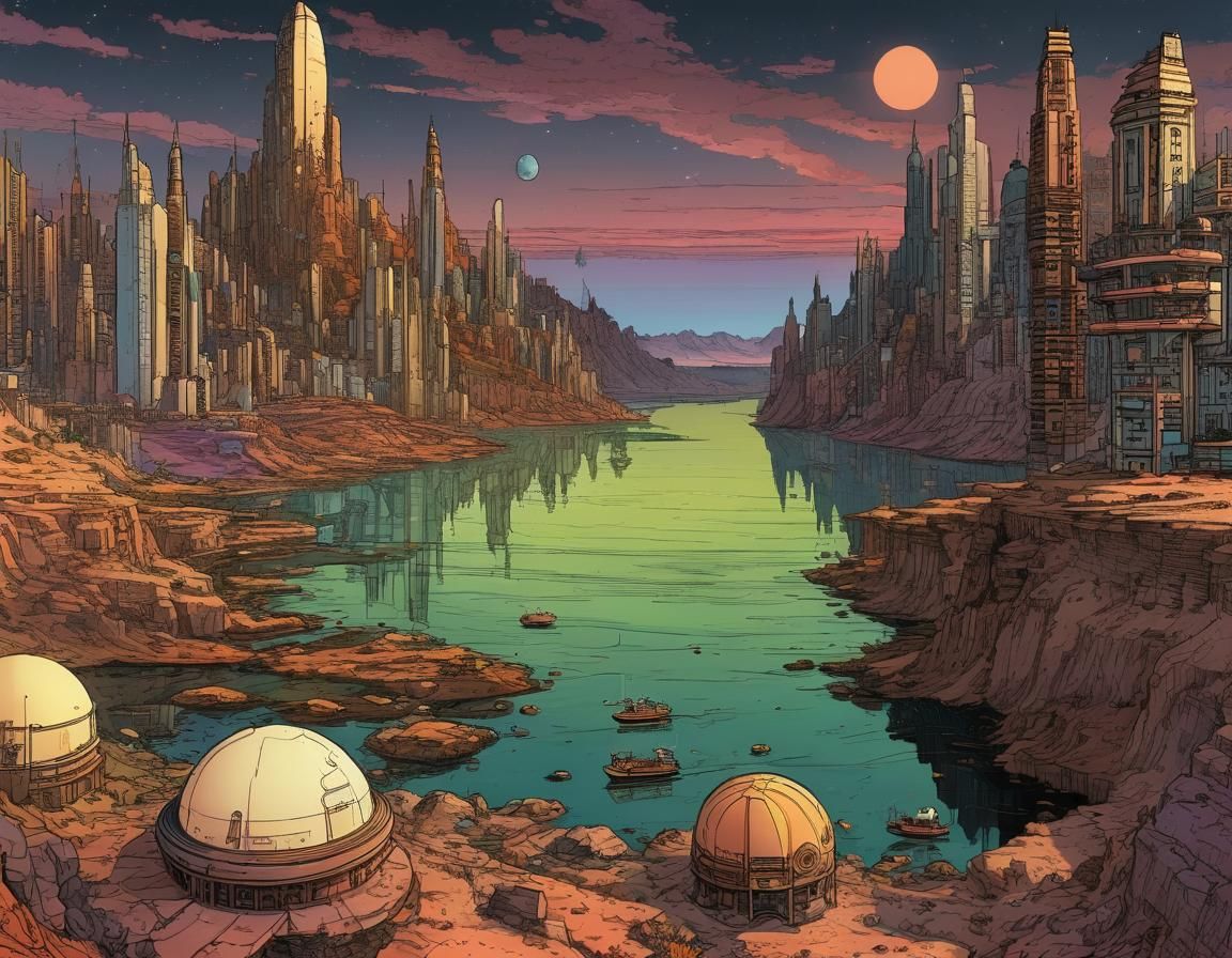 8k, city near body of water, widescreen, exoplanetary landsc...