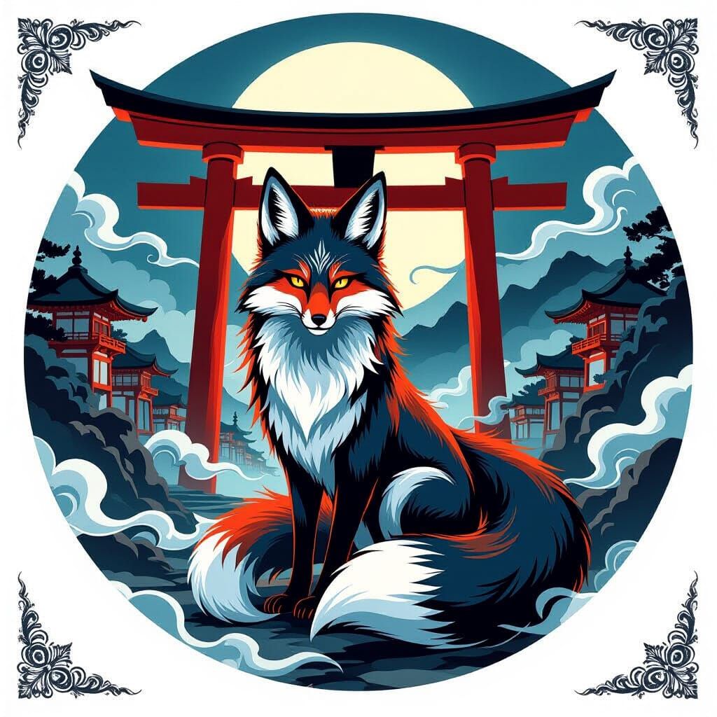 Mystical Nine-Tailed Fox Spirit by Torii Gates at Twilight