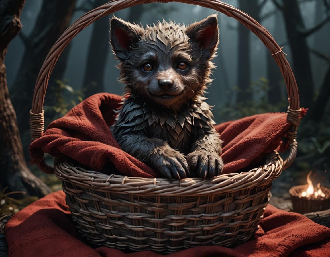 Adorable Werewolf Cub in Basket