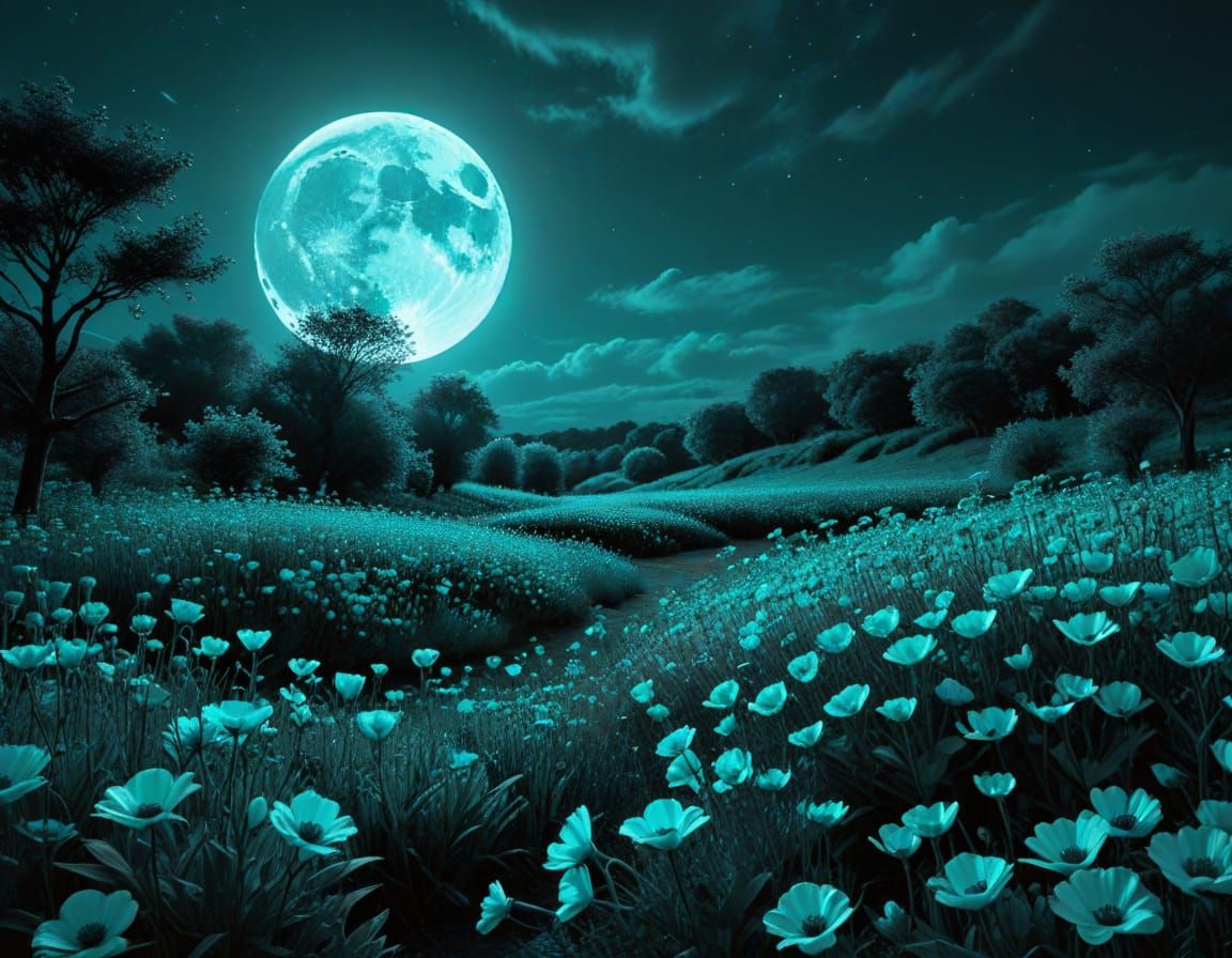 Monochrome Aqua Field Under Full Moon