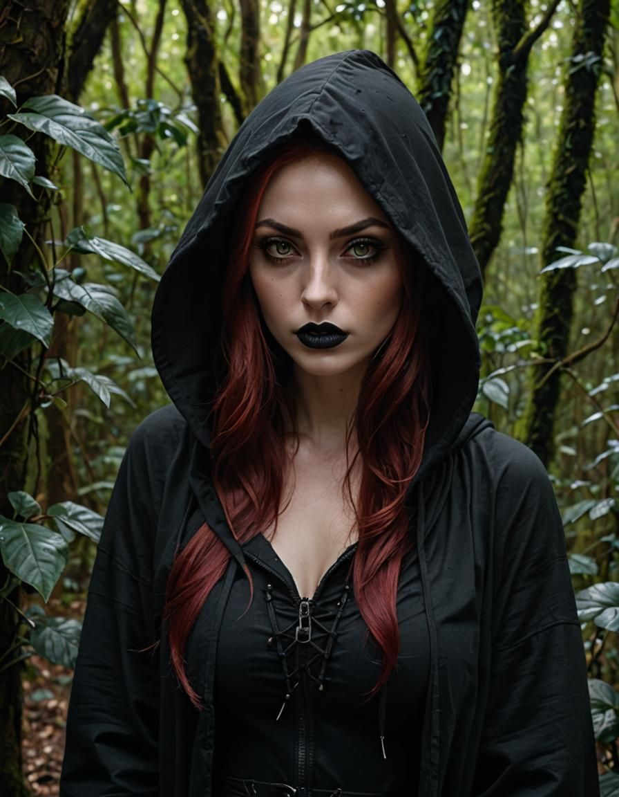 Gothic Girl with Red Hair in Jungle Photo
