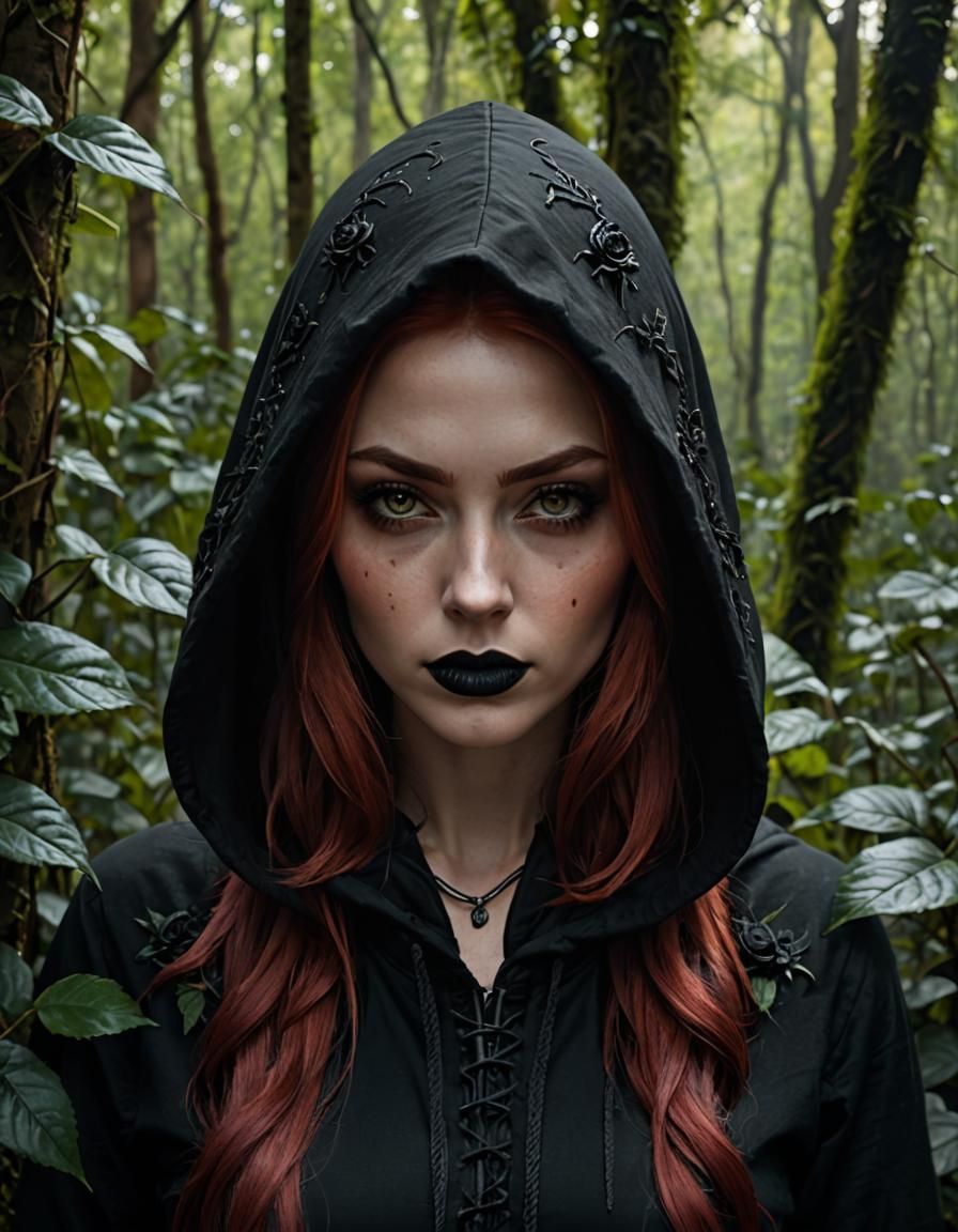 Gothic Girl with Red Hair and Black Roses