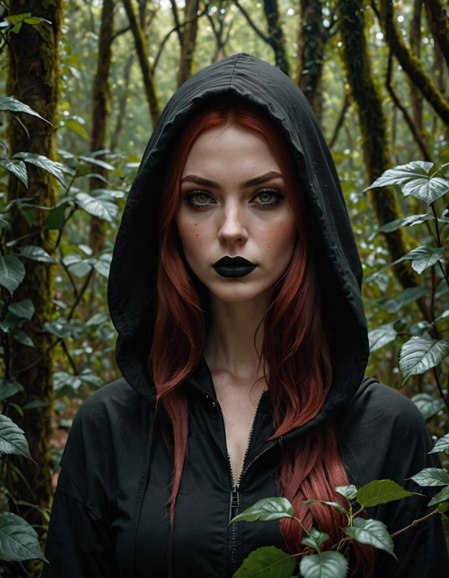 Gothic Girl with Red Hair in Jungle Photo