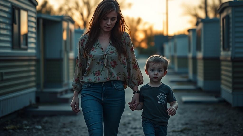 Young Mother Walks Through Desolate Trailer Park with Childr...