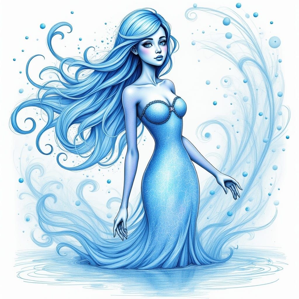 Water Embodied: Graceful Doodle with Flowing Blue Hair