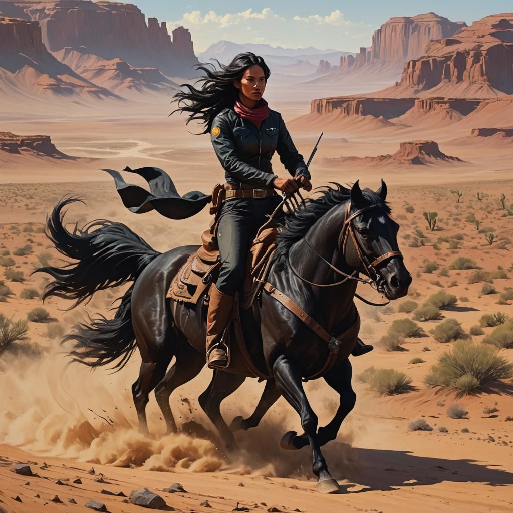 Cowgirl Rides Fast Through Desert Landscape