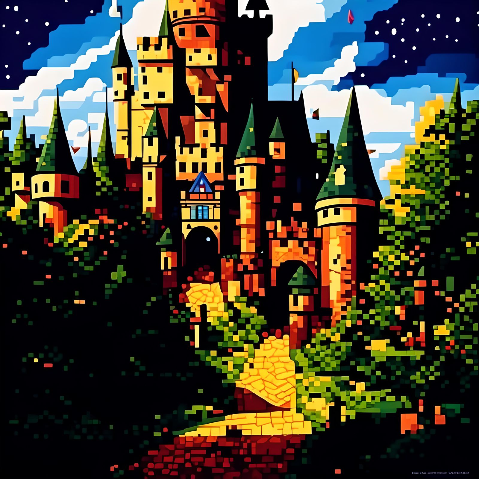 Castle, SNES pixel art (Peppermint Snow lora by IMO)