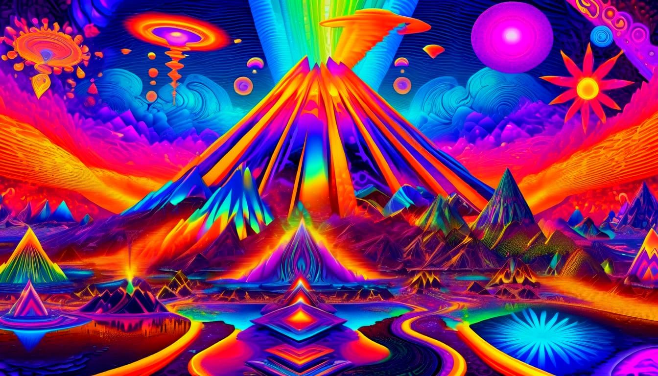 Vibrant Holographic Volcanic Landscapes in Psychedelic Cubis...