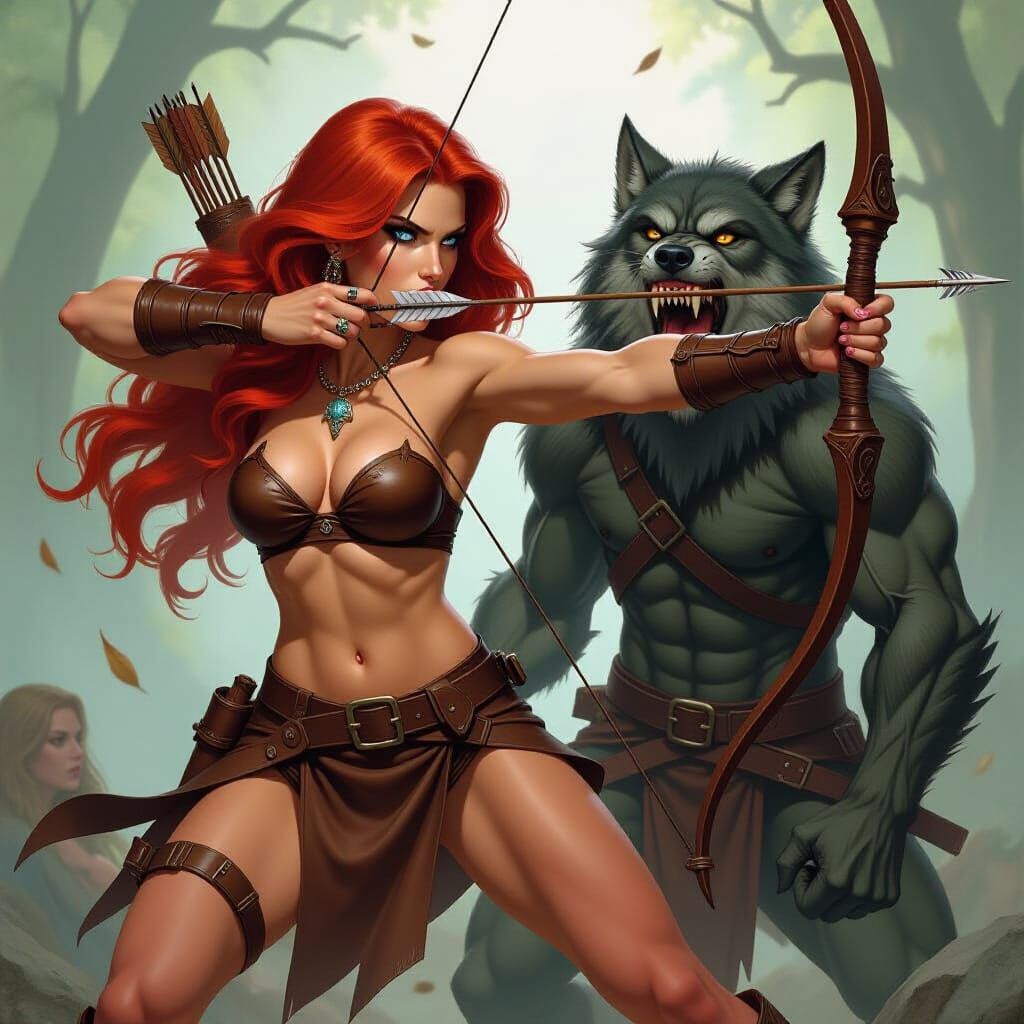 a red headed warrior woman with striking blue eyes and a bro...