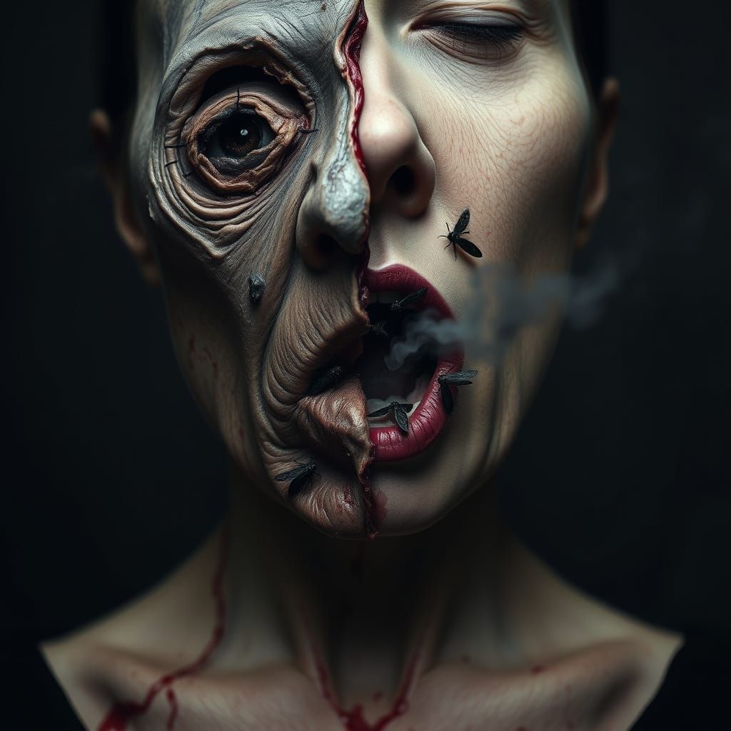 Grotesque, Hyper-Realistic Portrait of a Woman's Face in Dec...