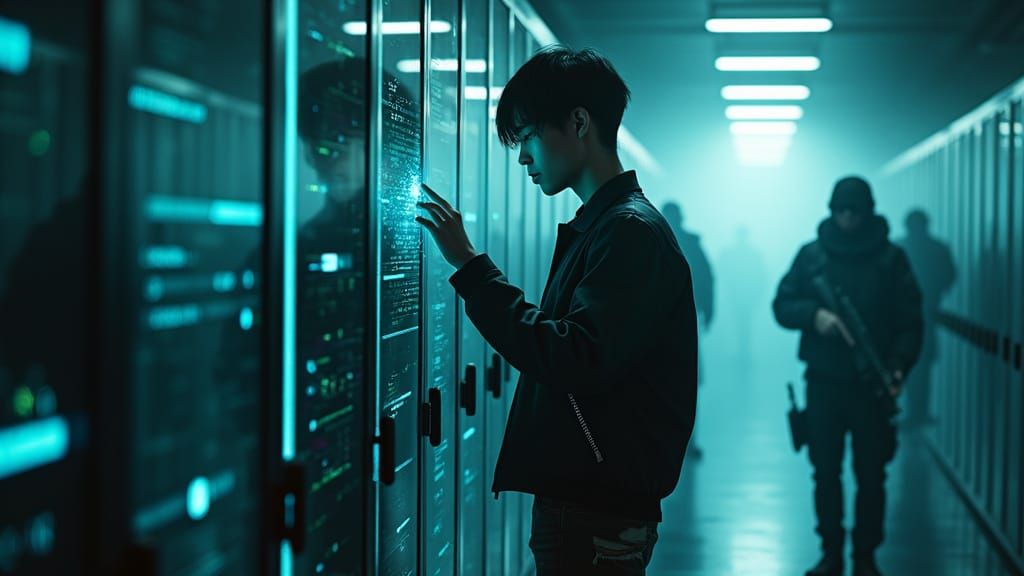 Cyberpunk Hacker in a Freezing Server Farm