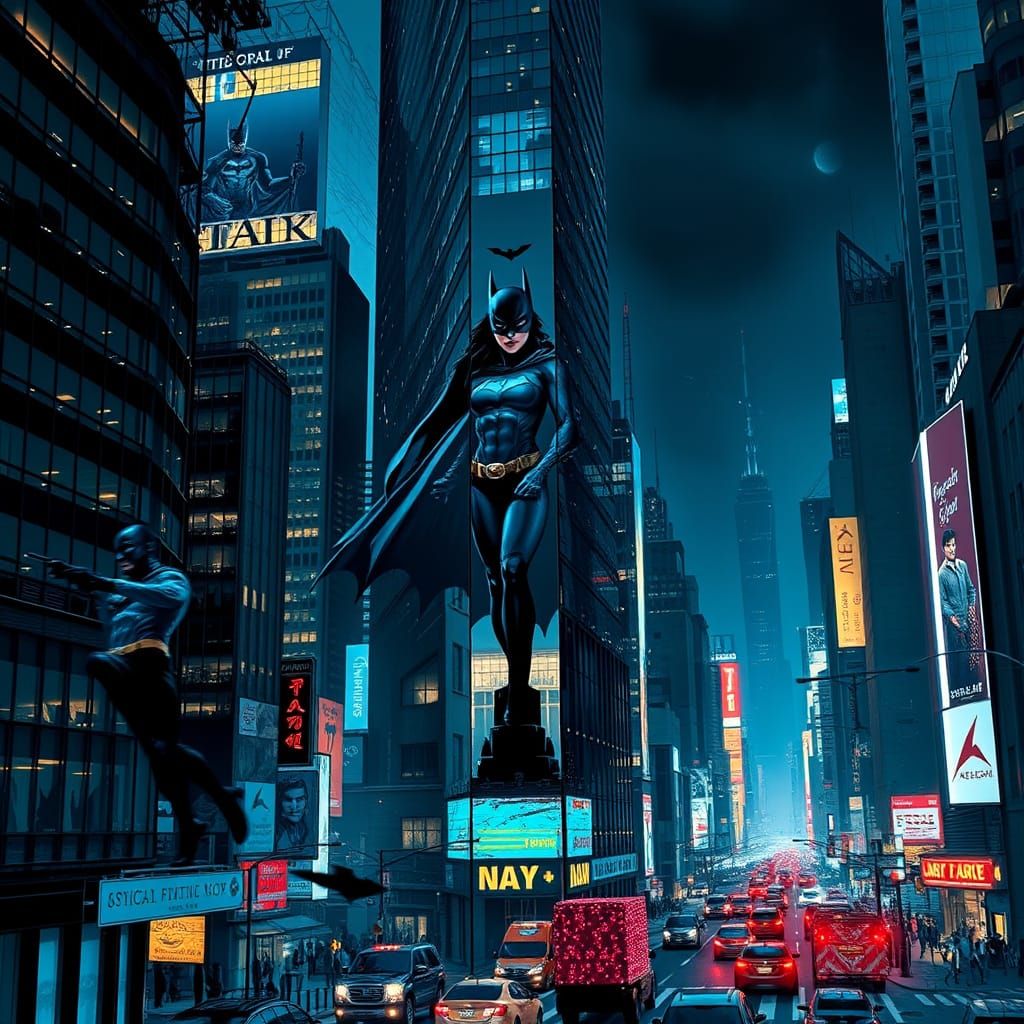 Batgirl Double Exposure in Neon Cityscape