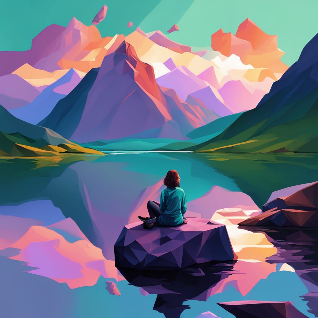 Vibrant Cubist Lake Scene at Sunset