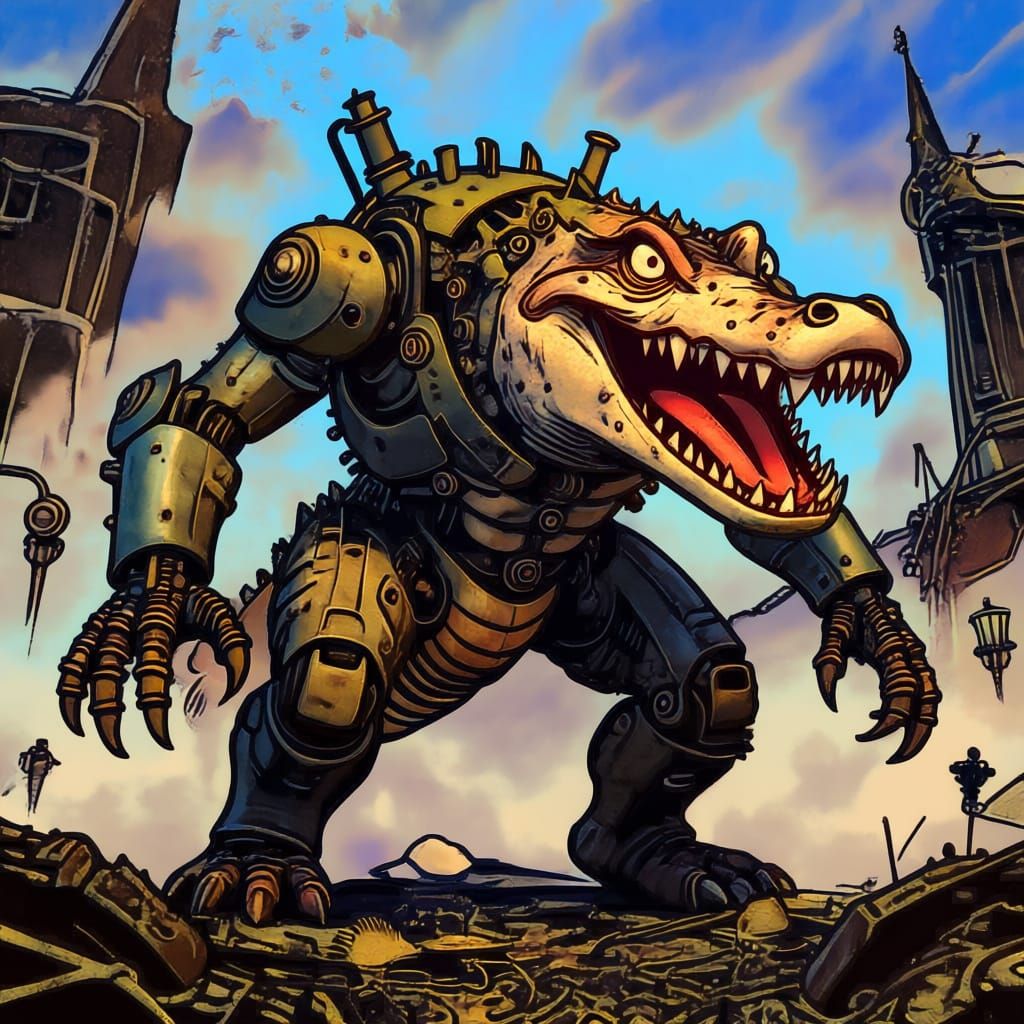 Scrap Metal Crocodile Monster in Post-Apocalyptic Fantasy