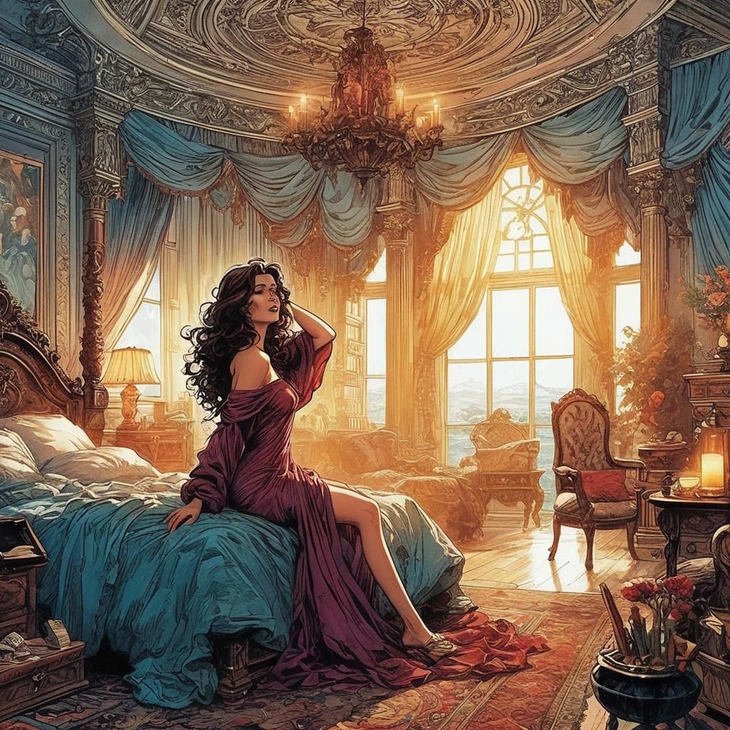 Woman in Exquisite Bedroom: Comic Book Oil Painting