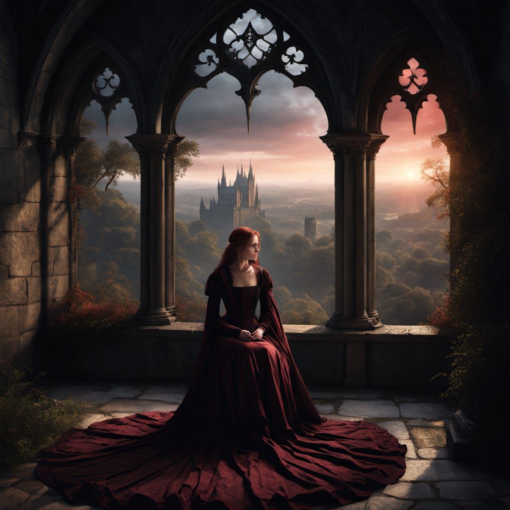 Elegant Gothic Woman in Solitude Amidst Sunset Ruins