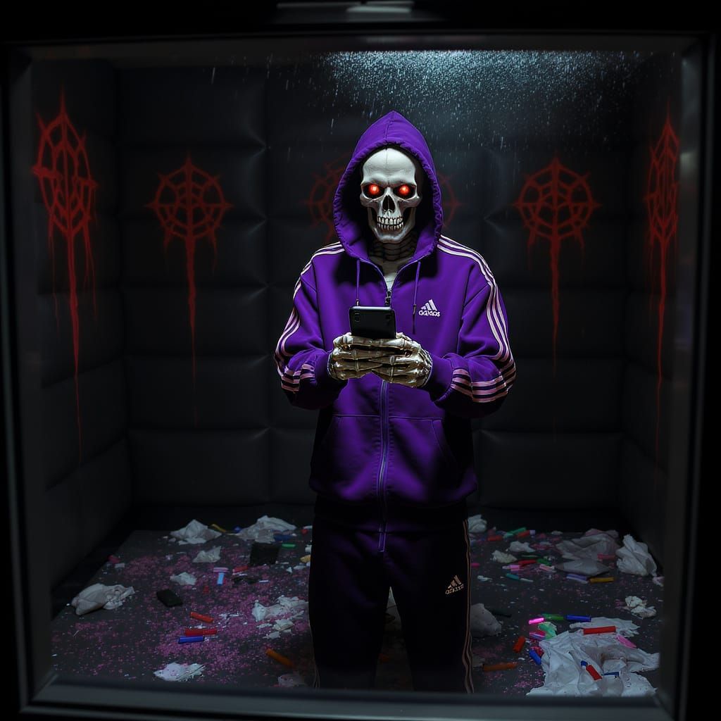 Skeleton in Purple Tracksuit with Phone in Ritual Chamber