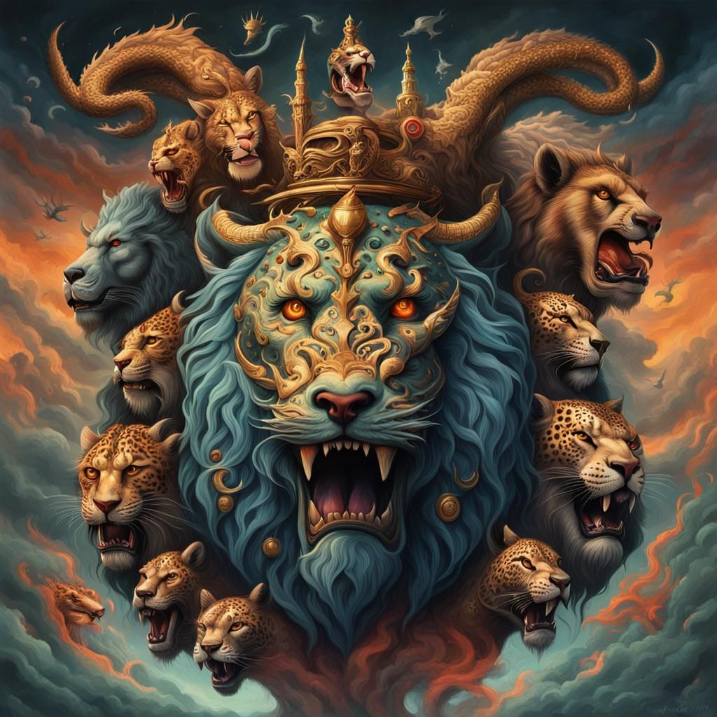 Surreal Seven-Headed Mythical Beast in Surrealism Style