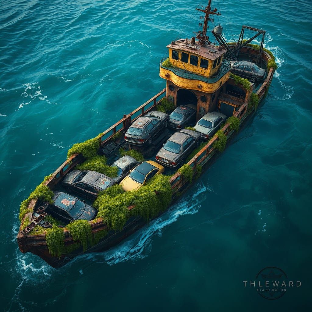 Surreal Shipwreck Scene with Cars Enveloped in Vibrant Seawe...