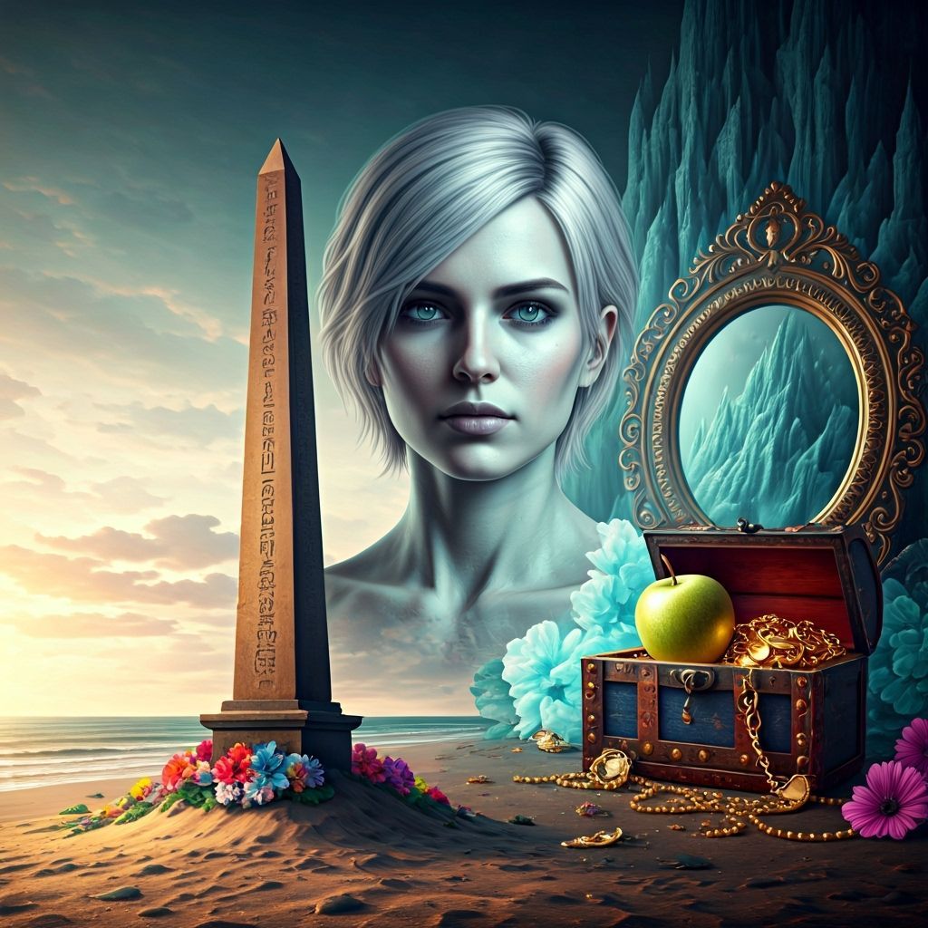 Surreal Double Exposure: Beach Obelisk Meets Princess