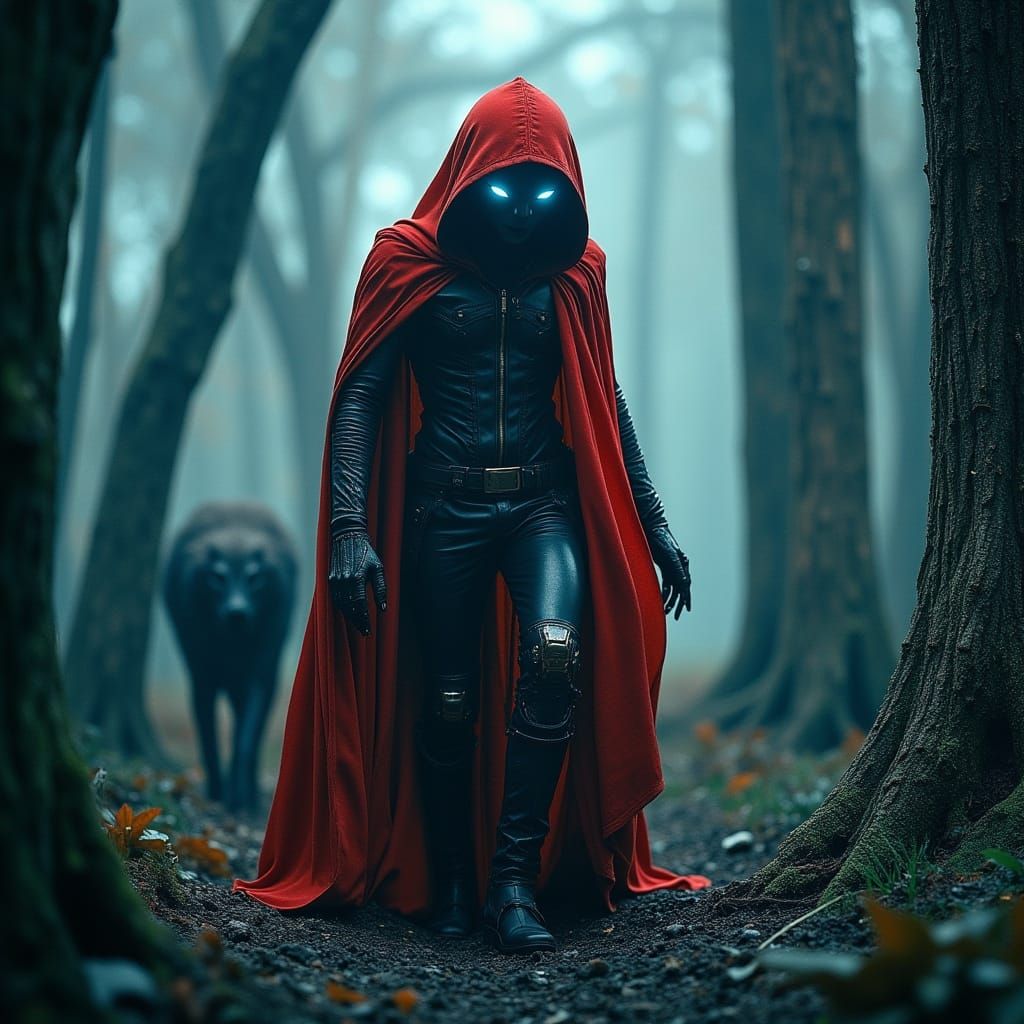 Little Red Riding Hood in Cyberpunk Forest