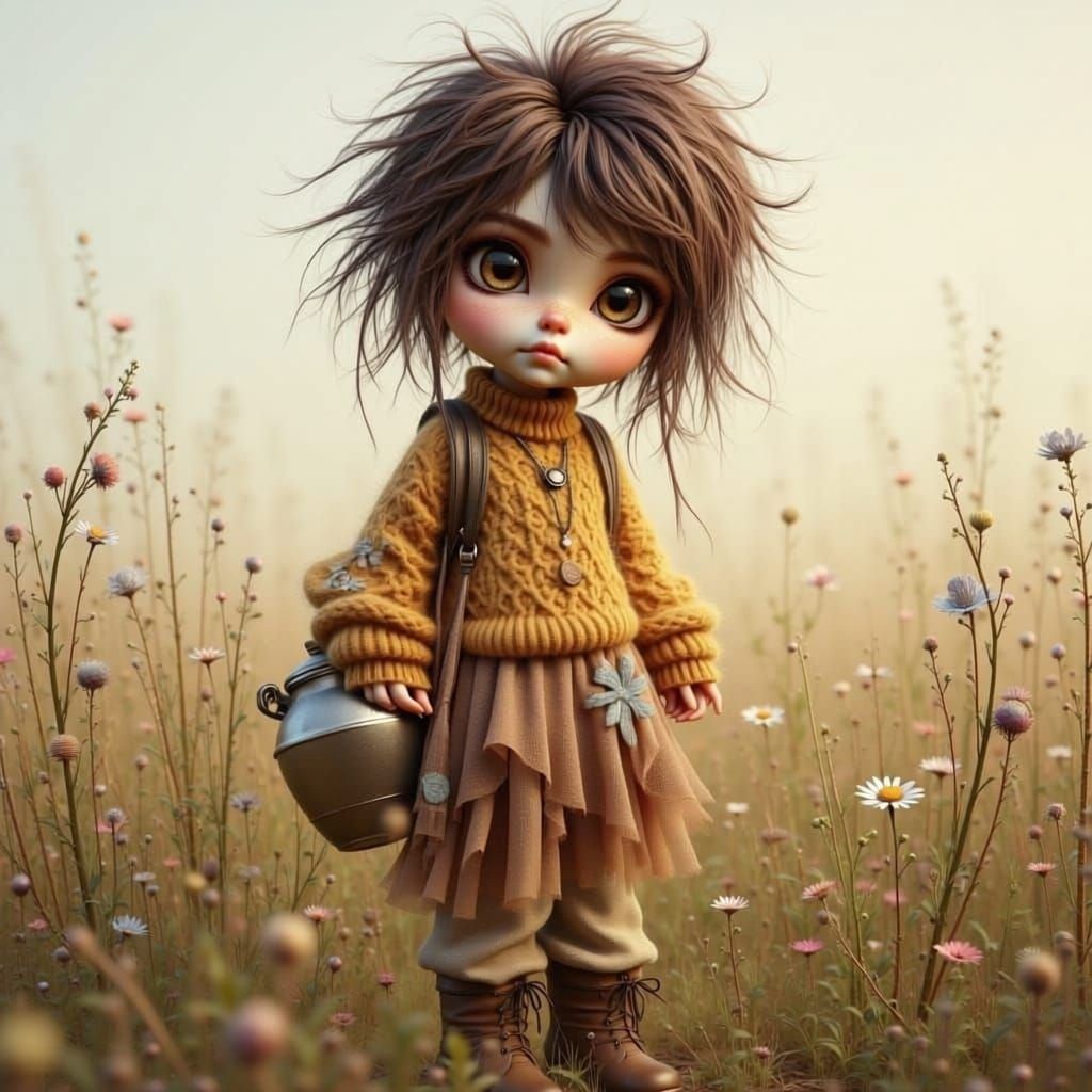 Ethereal Watercolor Portrait of a Brunette Girl with Fangs