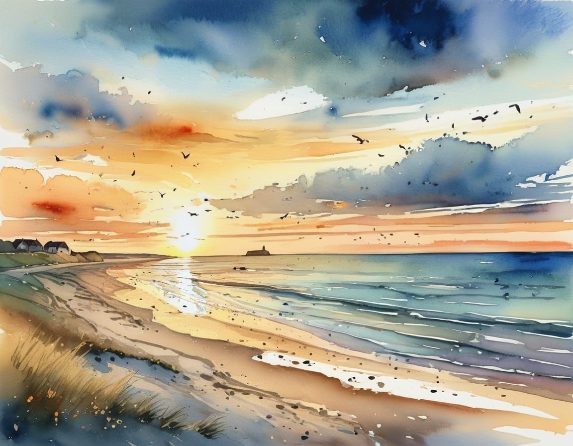 Normandy Beach Sunset Golden Hour in Aquarelle Style