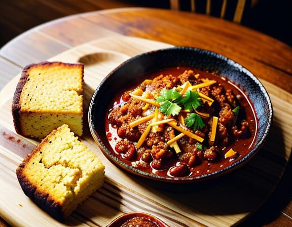 Appetizing Chili and Cornbread in Rustic Comfort Food Scene