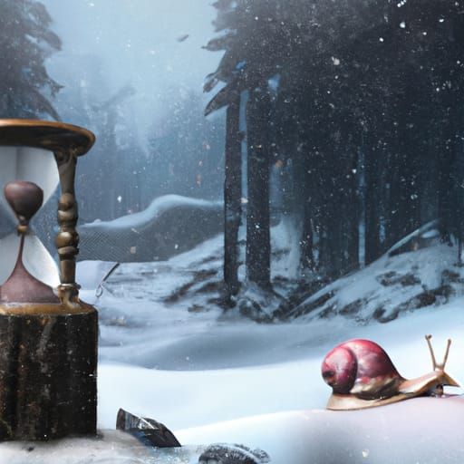 Snail on Hourglass in Snowy Forest: Fantasy Concept Art
