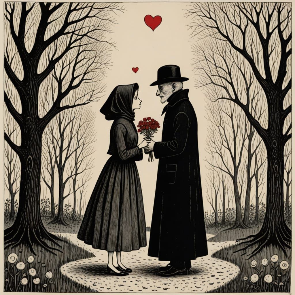 Spooky 1950s Haunted Valentine Card in Edward Gorey Style