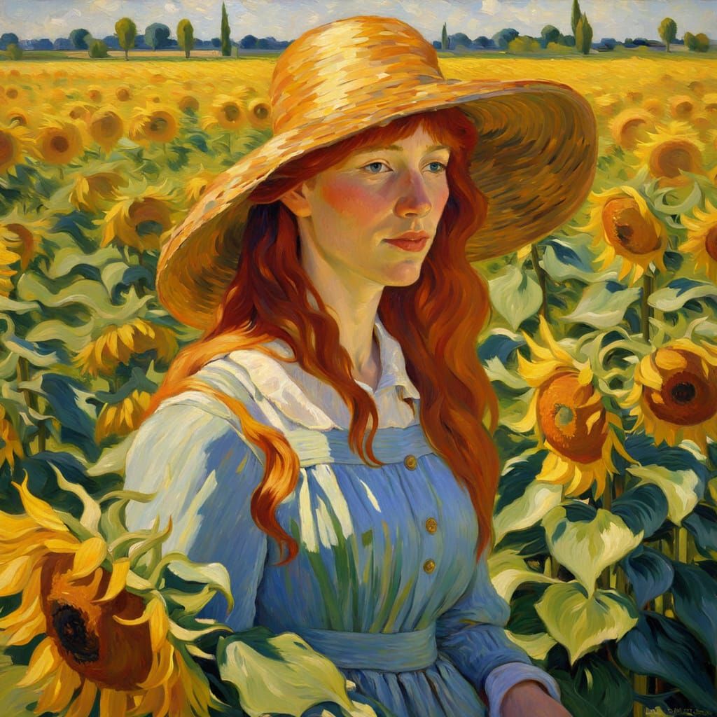 Woman in Sunflowers: Post-Impressionist Oil Painting