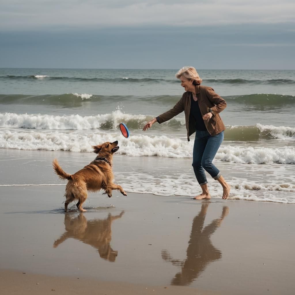 Woman and Dog Playing Frisbee on Beach