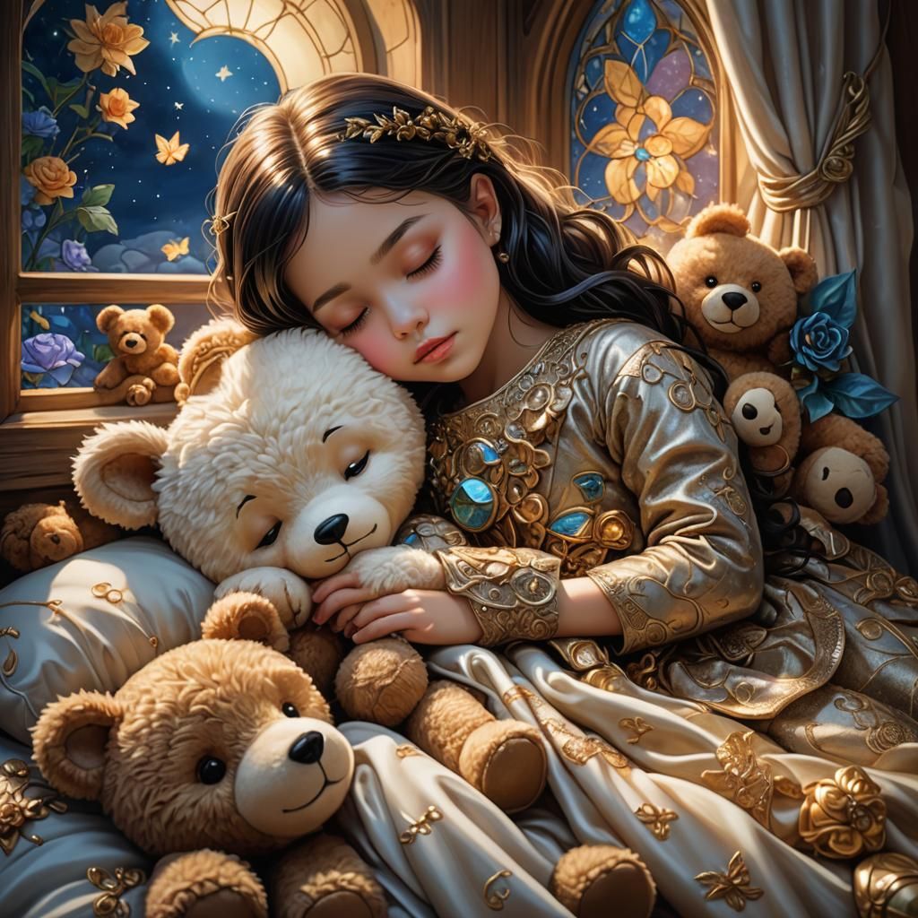 Sleeping Girl with Teddy Bear in Dreamy Luminism