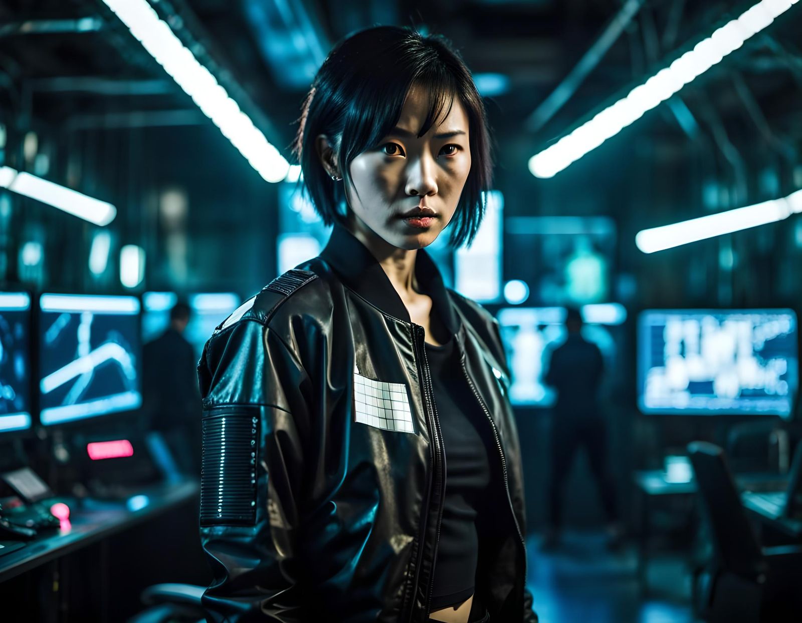 Cyberpunk Spy: Augmented Woman in Dark Cityscape