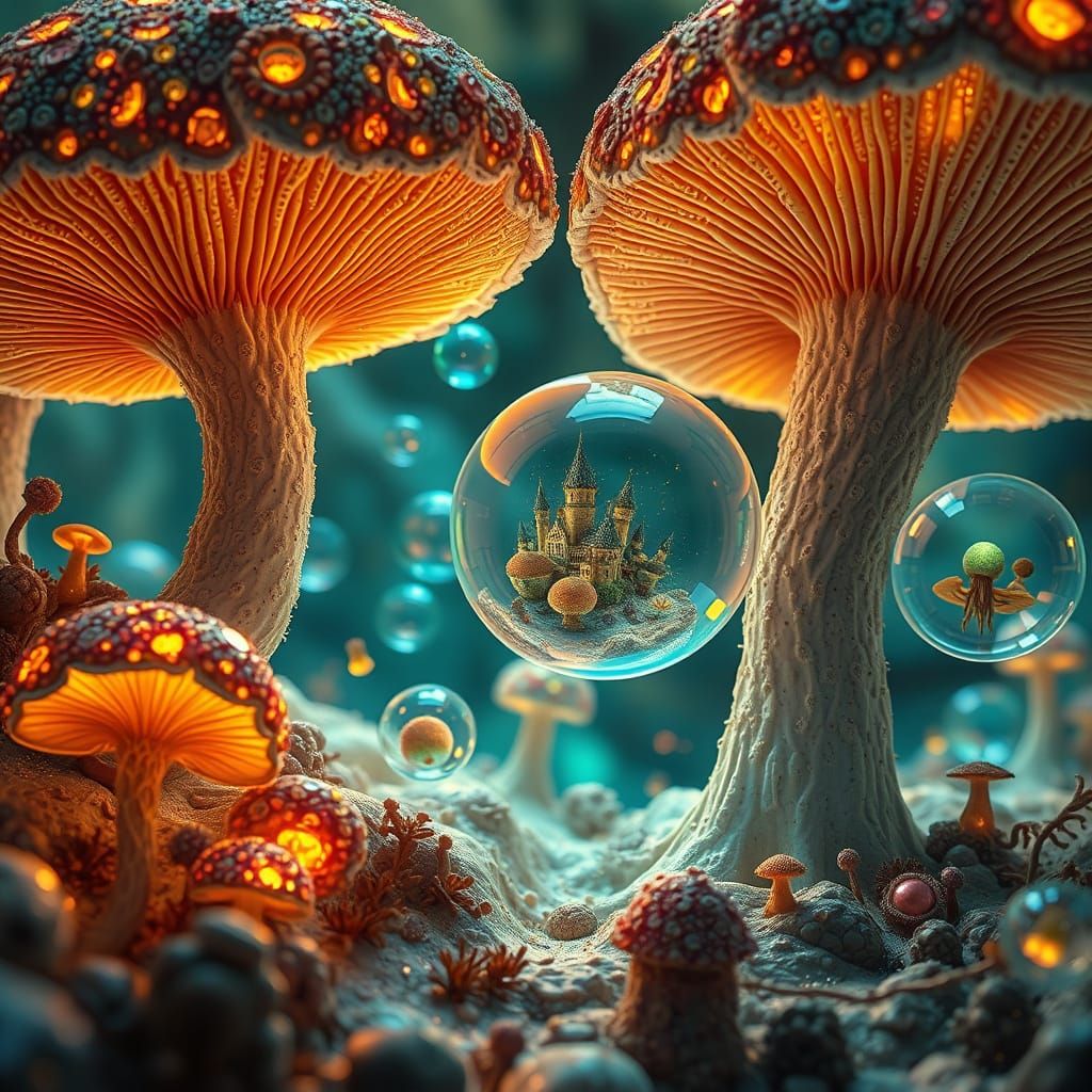 Bioluminescent Mushroom Villages in Microscopic World