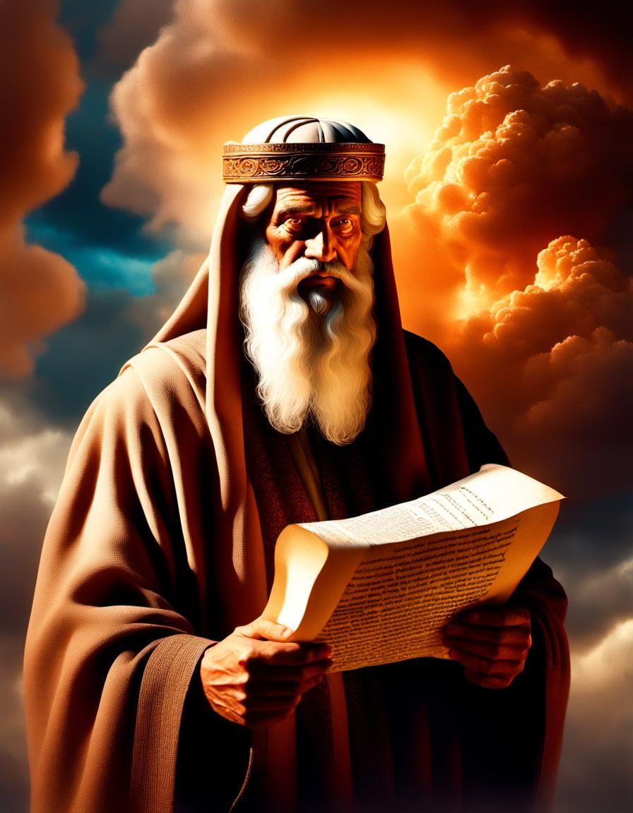 Biblical Figure with Scroll in Surreal Dreamscape