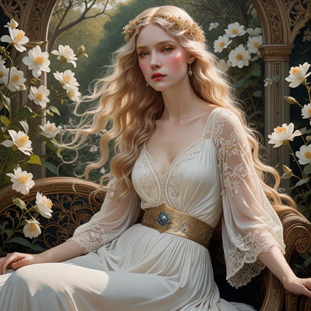 Ethereal Blonde Goddess in Pre-Raphaelite Style
