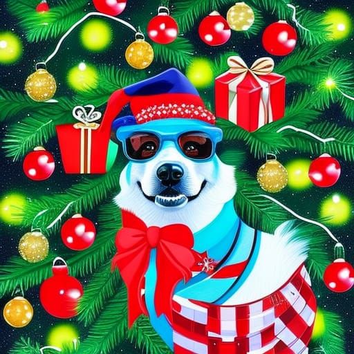 Smiling Christmas Dog with Lights: Gouache Painting