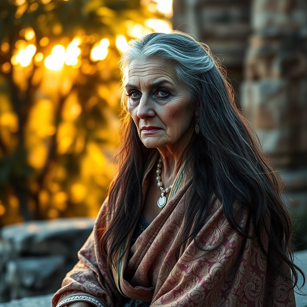 Elegant Elderly Princess Ariadne Waits in Lavish Robes