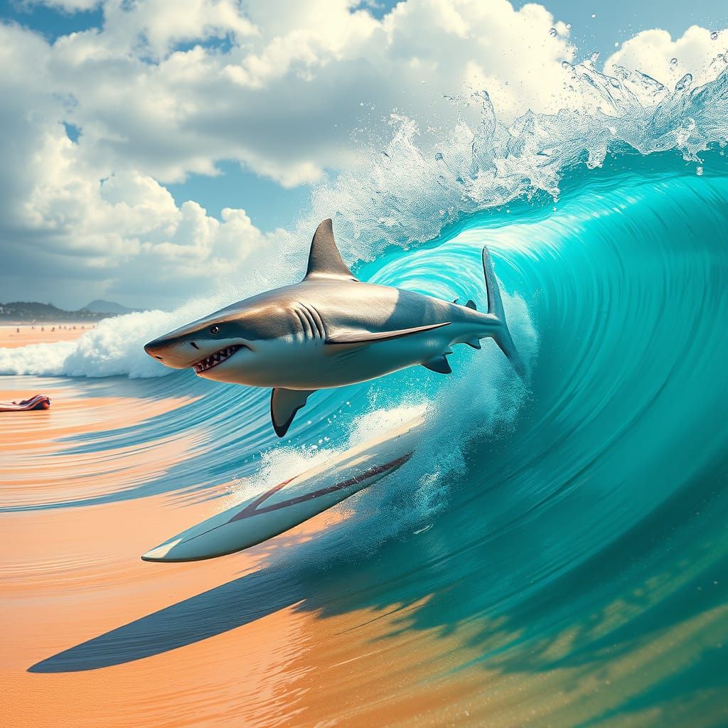 Shark Surfs Majestic Wave onto Beach Seashore in Vibrant Fan...