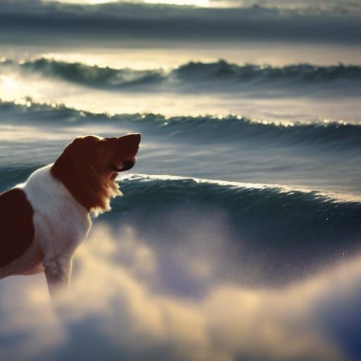 Dog Playing in Clouds and Waves