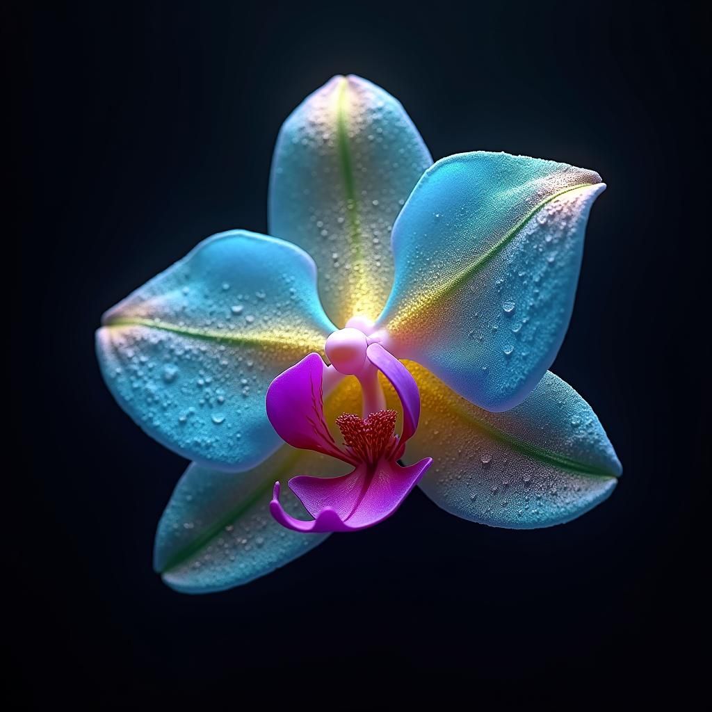Iridescent Orchid with Water Droplets in Concept Art Style