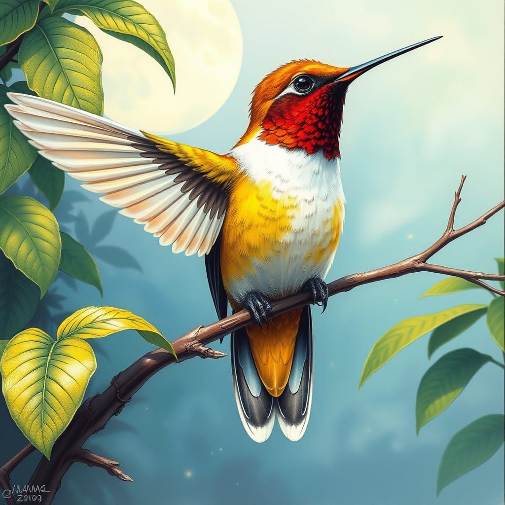 Iridescent Hummingbird in Moonlit Jungle, Natural Style