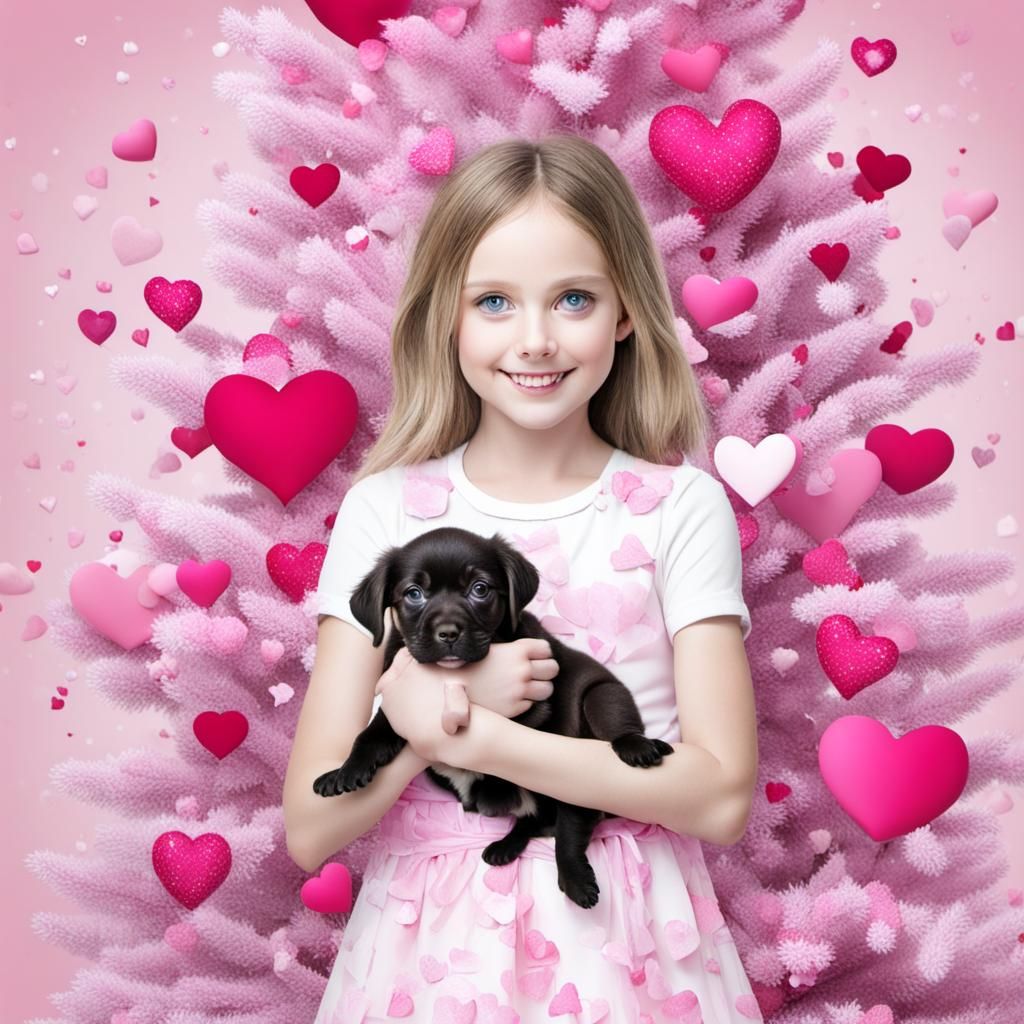 Girl with Puppy by Valentine's Tree in Pink