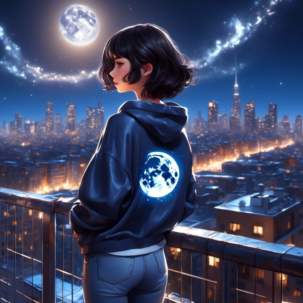 Girl Gazing at City Lights in Graffiti Art Style