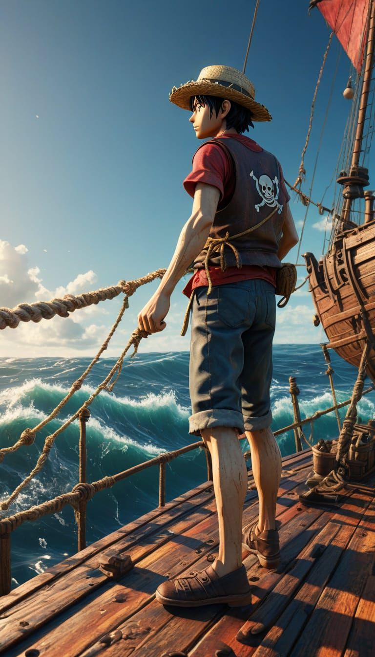 Vibrant Anime Portrait of Pirate Monkey D. Luffy at Sunset