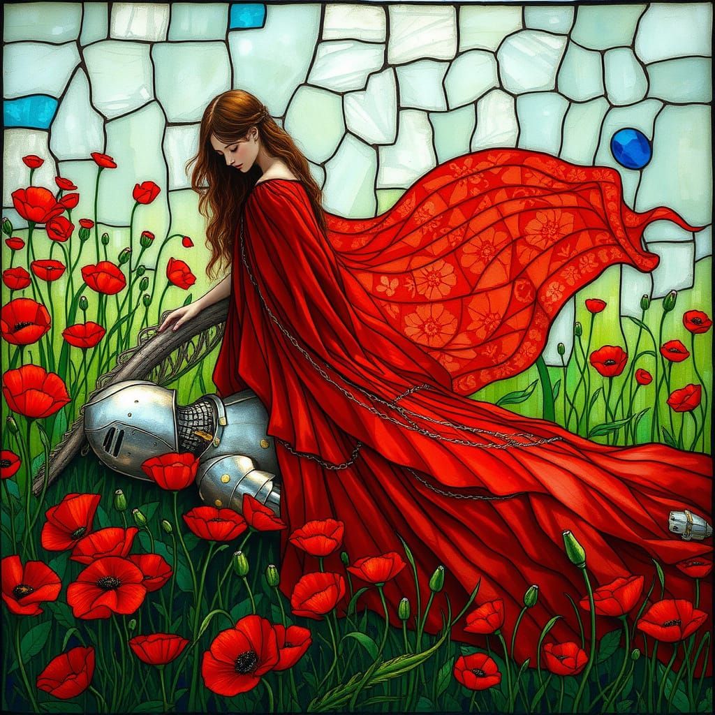 Mystical Knight in Vibrant Poppies, Emerald Glass, and Crims...