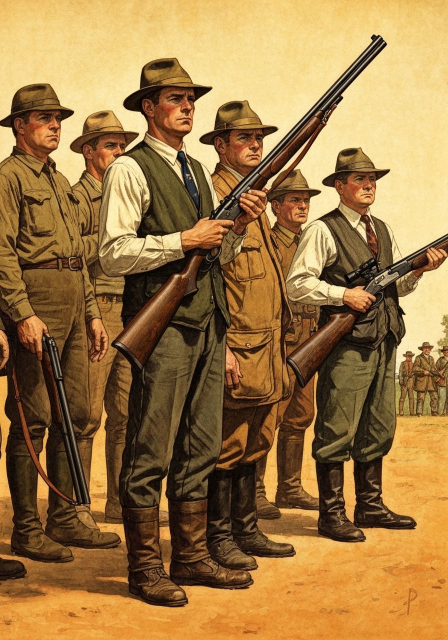 Americana Scene with Armed Figures in Golden Hour Glow