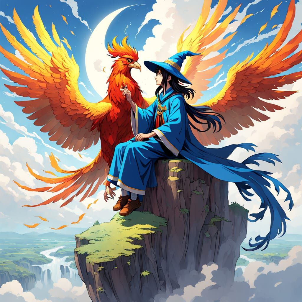 Majestic Wizard and Phoenix Soar Through Misty Skies in Drea...